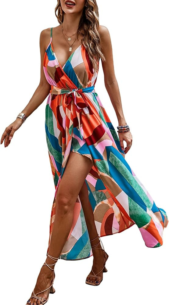 WDIRARA Women's Wrap Front Ruched Hem Sleeveless Spaghetti Straps Belted Colorblock Cami Dress | Amazon (US)