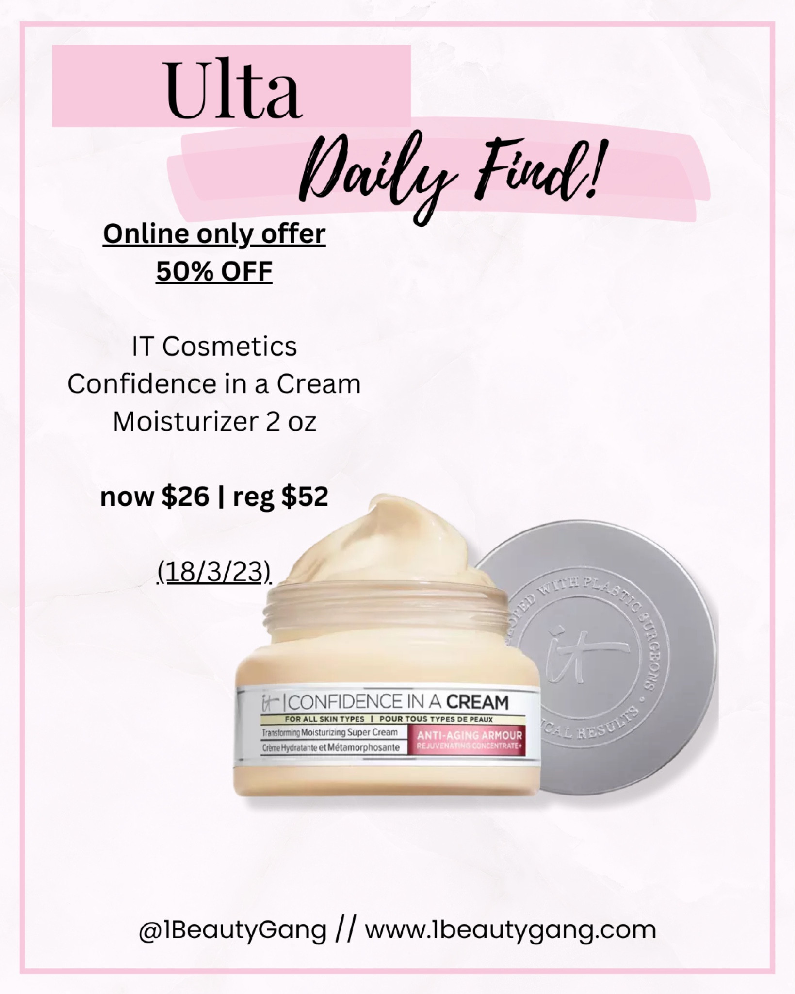 Online only offer 50% OFF IT Cosmetics Confidence in a Cream Moisturiser 2 oz now $26 | reg $52 (18/3/23).

#LTKeurope #LTKFind #LTKbeauty