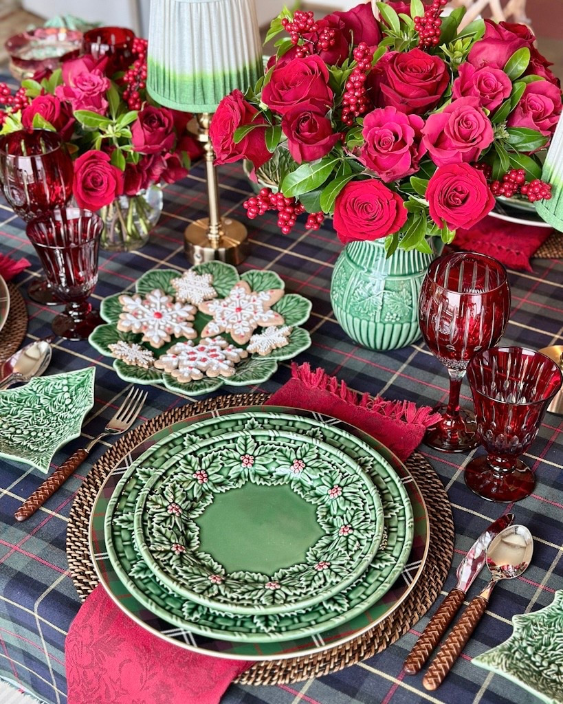 Christmas table setting featuring products from Williams Sonoma Bordallo Pinheiro Christmas plates tartan chargers woven placemats cut crystal 

#LTKHoliday #LTKHome #LTKSeasonal