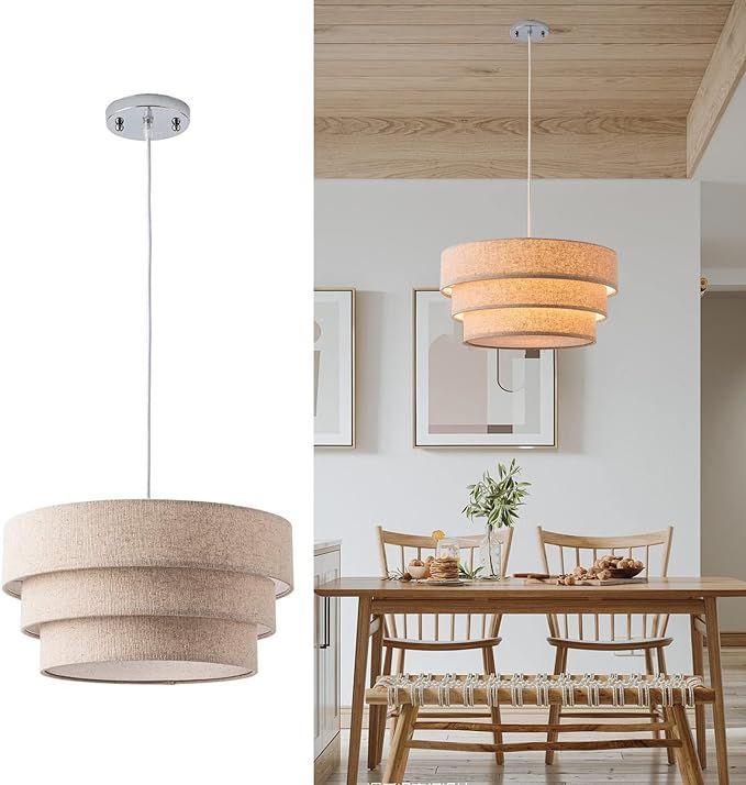 Yifi Deco Modern Pendant Ligh,13.4" Drum Hanging Lamp Fixture with 3-Tier Linen Fabrics Lampshade... | Amazon (US)