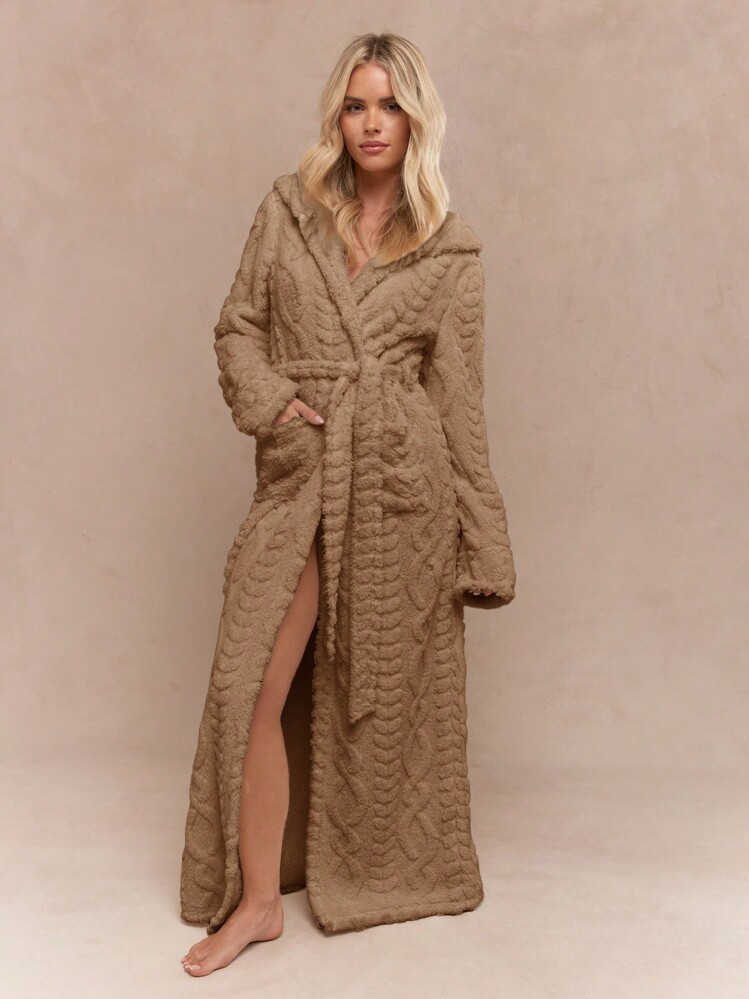 MISSGUIDED Luxury Cable Knit Hooded Bath Robe Long Plush Bathrobe Winter Warm Loungewear Housecoat Full Length Spa Robe With Belt And Pockets | SHEIN