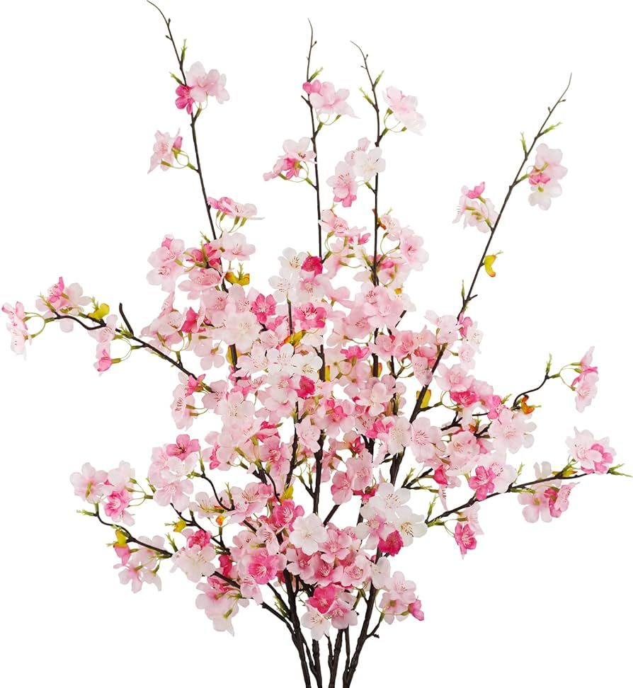 obbsie 4Pcs Artificial Cherry Blossom Flower Branches, 39.4" Fake Silk Pink Cherry Blossom Tree S... | Amazon (US)