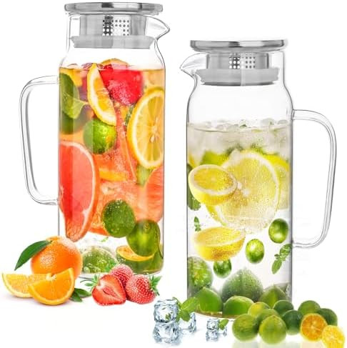 Set of 2 Glass Pitcher with Lid,2 Quart (64 oz / 1.9 Liter) Leak Proof,Glass Water Jugs, BPA-Free... | Amazon (US)