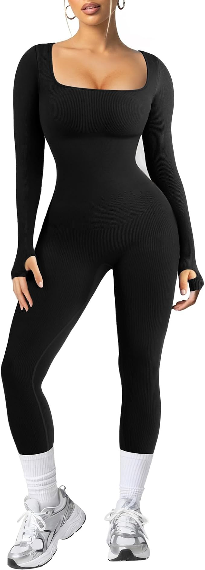 Popilush Jumpsuits for Women Long Sleeve Built-In Bra Square Neck Full Length Leggings Bodycon St... | Amazon (US)