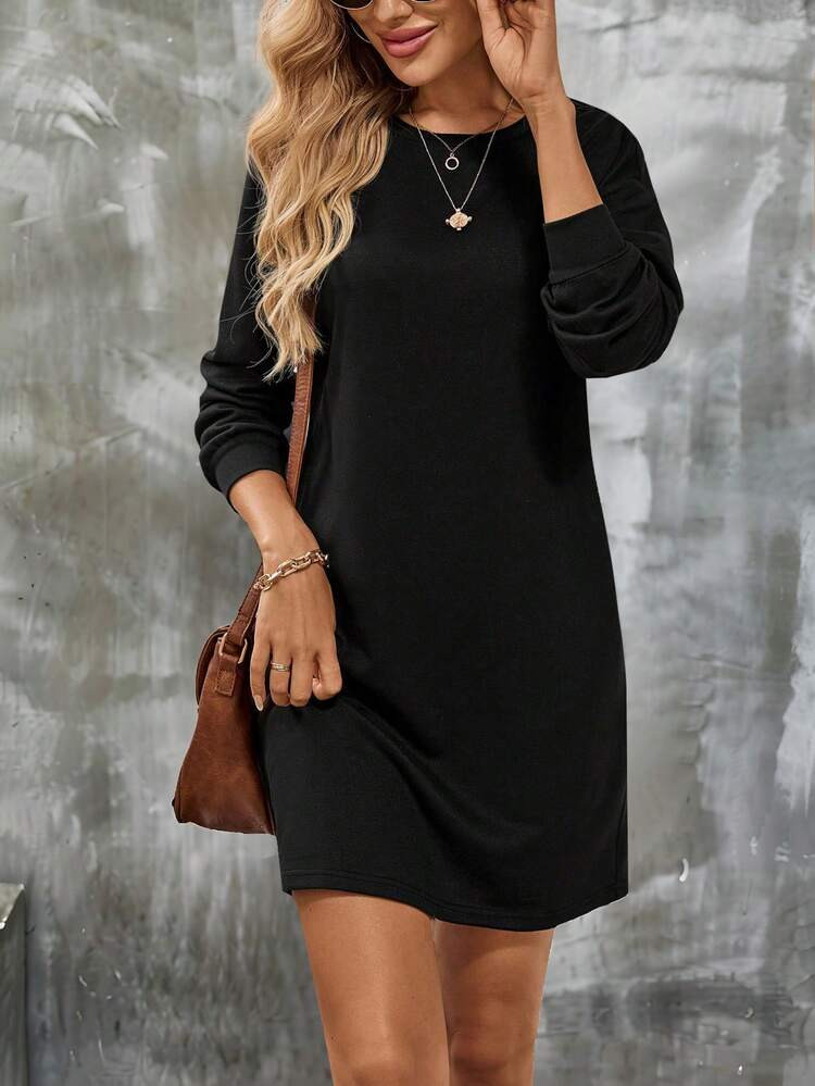 SHEIN LUNE Women's Solid Color Round Neck Long Sleeve Casual Loose Versatile Short Dress | SHEIN