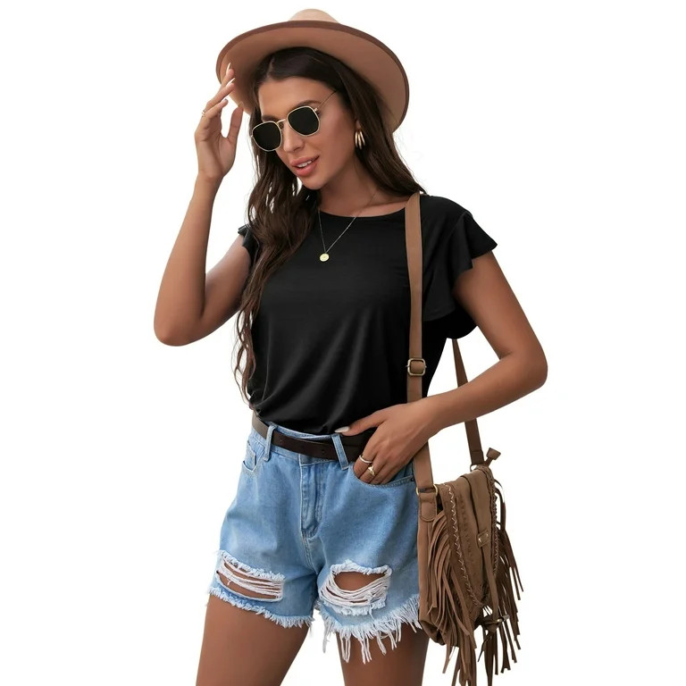 JWD Summer Ruffle Short Sleeve Knit Tunic Tops Shirts Tank Tee Blouse | Walmart (US)