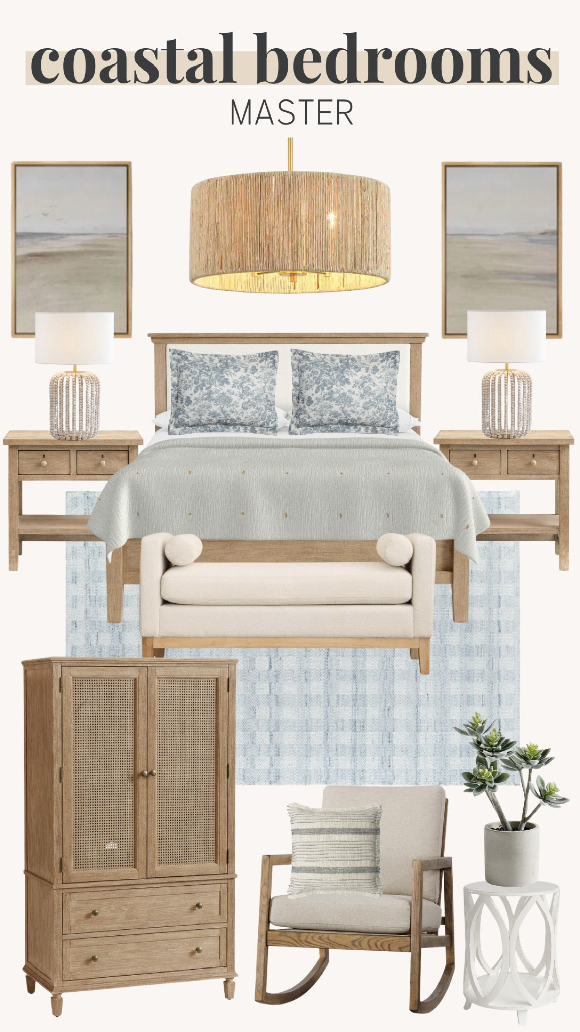 Coastal master bedroom including, bedding, shams, wardrobe, nightstand, furniture, lighting, wall decor, table decor, side table, accent chair, rug, lamp 

#LTKHome #LTKFamily #LTKStyleTip