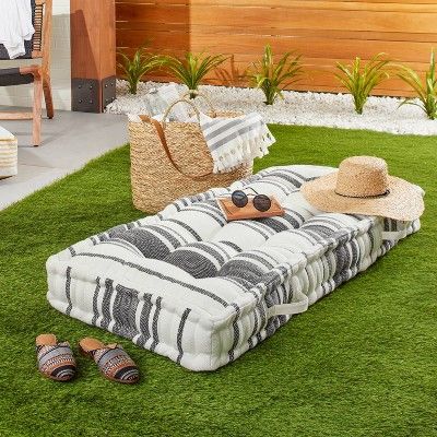 24" x 52" Variegated Stripe Indoor/Outdoor French Floor Cushion Dark Gray/Cream - Hearth & Hand... | Target