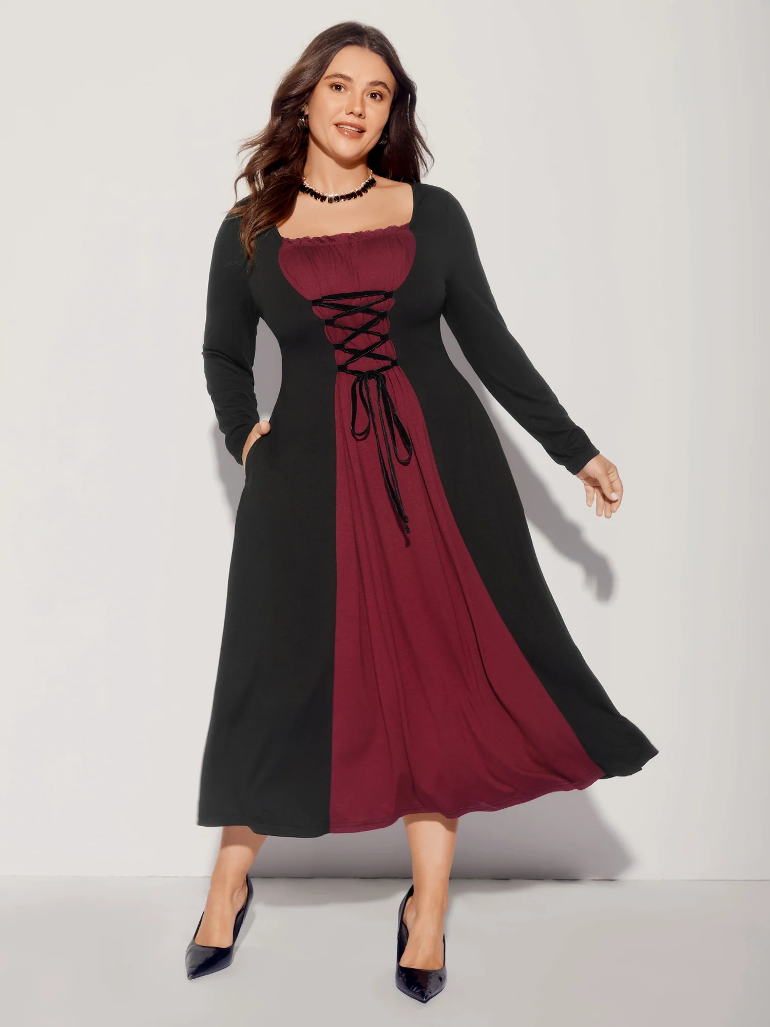 Stretchy Knit Adjustable Tie Frill Trim Midi Dress | Bloomchic