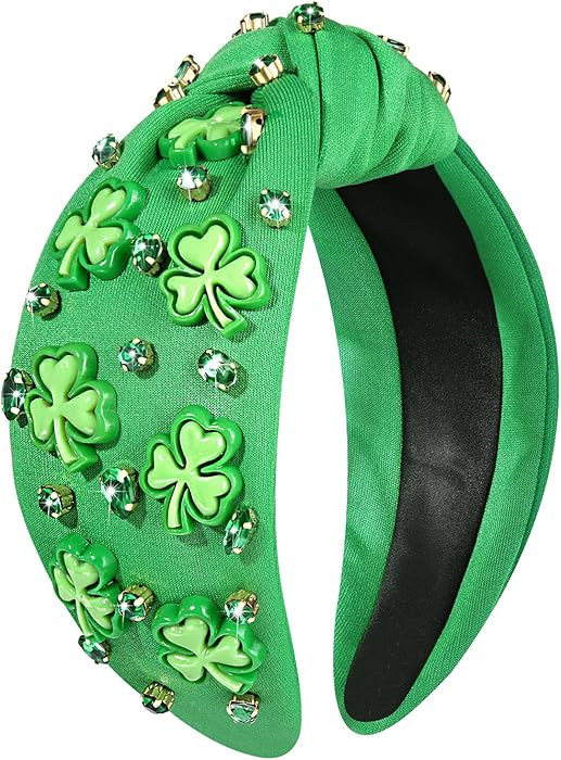 Women's St. Patrick's Day Headband, Green Shamrock Embellished Crystal Rhinestone Knotted Headban... | Amazon (US)