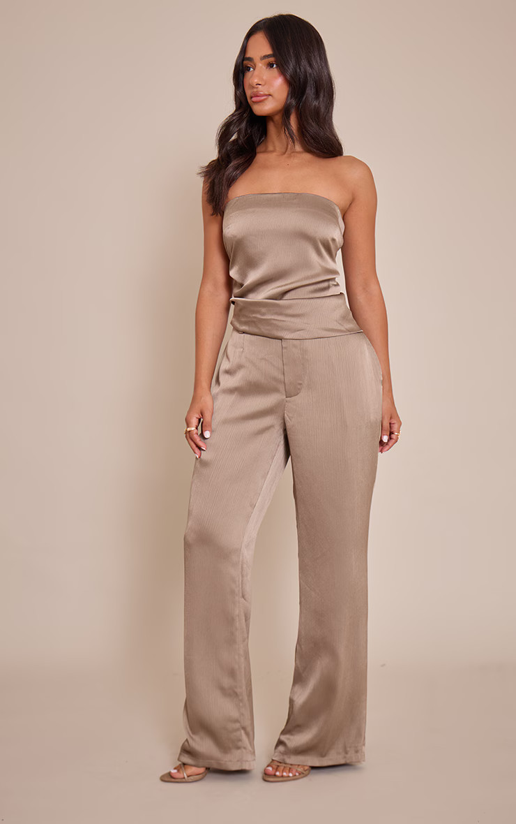Petite Taupe Satin Straight Leg Trousers | PrettyLittleThing UK