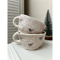 Handmade Ceramic Mug With Pink Grid & Bow Design, Polka Dot Interior Cute Clay Cup, Girly Aesthetic Coffee Or Tea Gift Idea | Etsy (US)