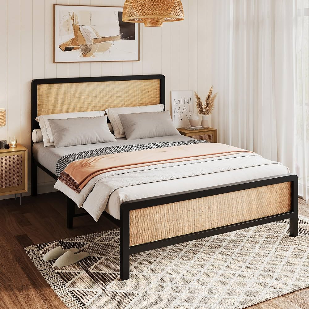 IDEALHOUSE Queen Size Bed Frame with Rattan Headboard and Footboard, Platform Bed Frame with Safe... | Amazon (US)
