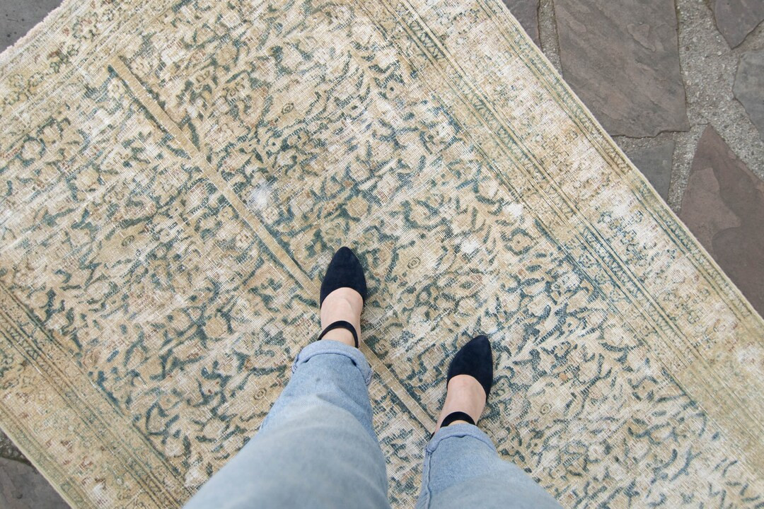 Antique 4’1” x 6’3” Rug Allover Botanical Tree of Life Beige Blue Hand Knotted Area Rug W... | Etsy (US)