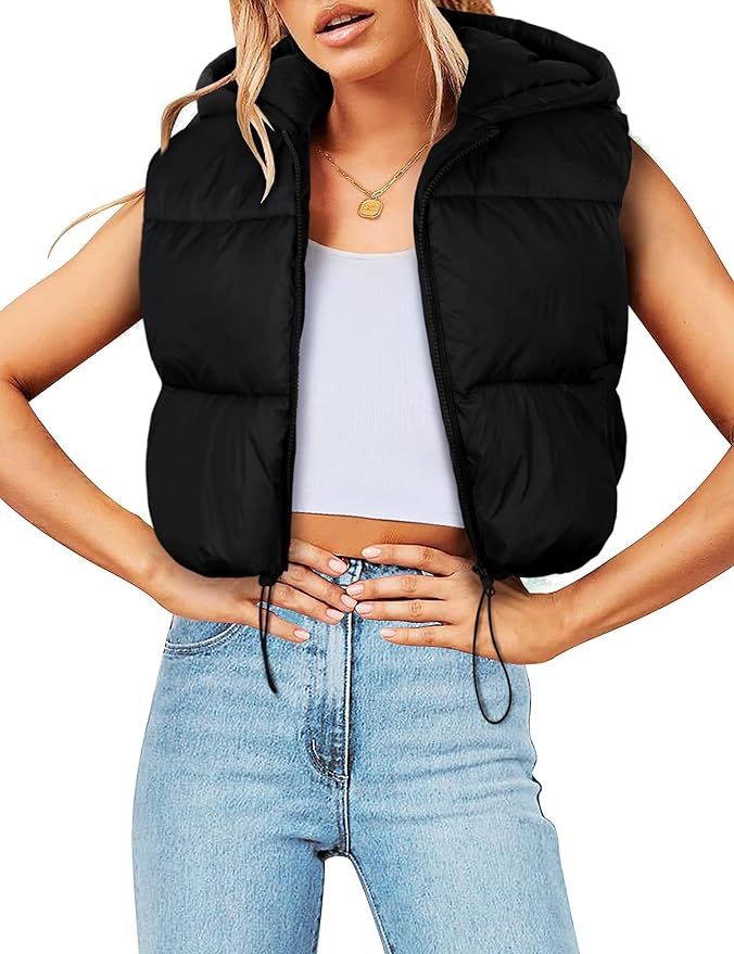 FMEYOA Women's Puffer Vest Sleeveless Winter Cropped Hoodie Zip Up Jacket Coat Lightweight Down w... | Amazon (US)