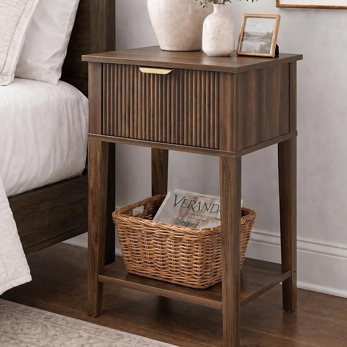 Modern Fluted Small Wood Nightstand, 11.8" Deep x 15.4" Narrow Bedside Table with Drawer & Open S... | Amazon (US)