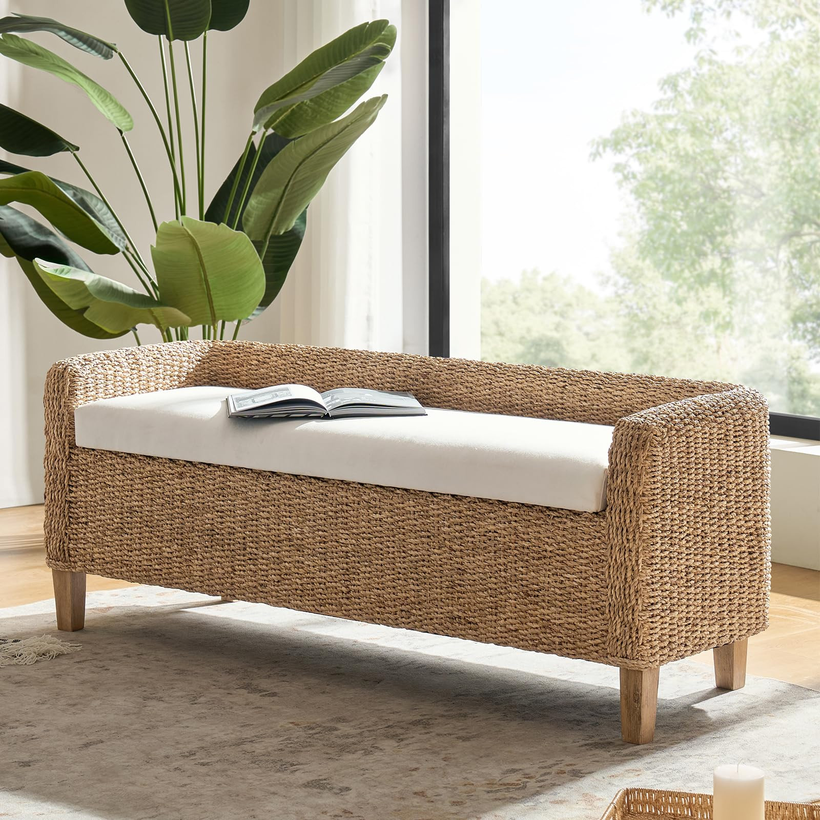 HULALA HOME Natural Seagrass Bench with Compartments, Boho End of Bed Bench with Cushion | Amazon (US)