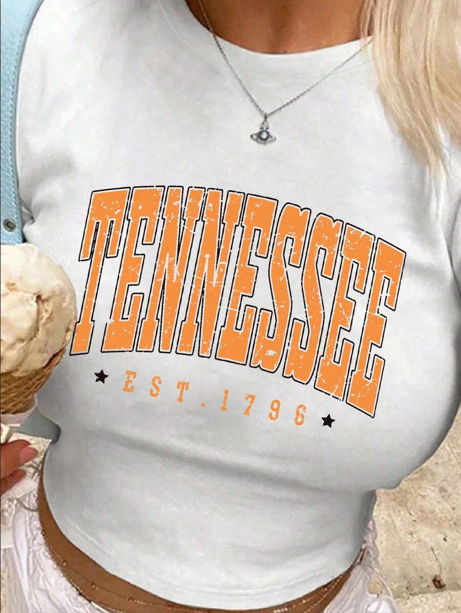 INAWLY Vintage Tennessee Sportswear, Tennessee Fans Slim Fit Round Neck Short T-Shirt | SHEIN