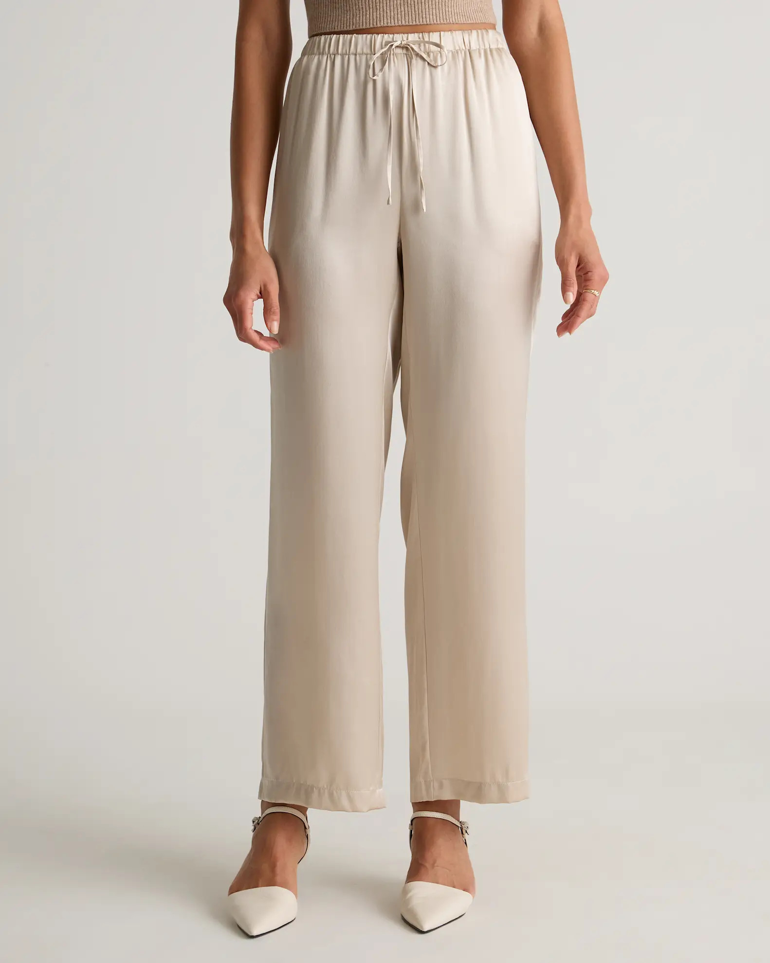 100% Washable Silk Drawstring Wide Leg Pants in Champagne | Quince