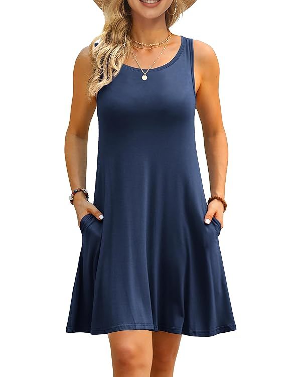 AUSELILY Women Summer Casual T Shirt Dresses Beach Cover up Plain Pleated Tank Dress | Amazon (US)