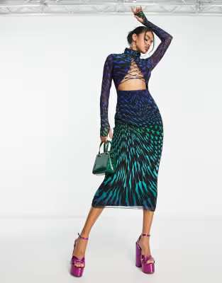AFRM lace up turtleneck midi dress in abstract blue | ASOS (Global)