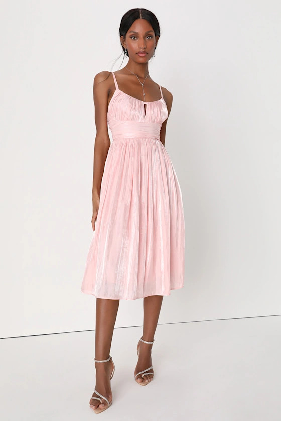 Irresistible Glow Blush Pink Satin Pleated Lace-Up Midi Dress | Lulus (US)