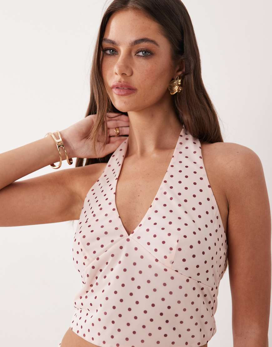 The Frolic exclusive chiffon v neck halterneck top in pink polka dot - part of a set | ASOS (Global)
