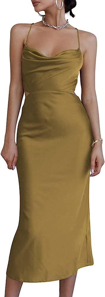 LYANER Women's Satin Cowl Neck Straps Slip Sexy Cut Out Cocktail Midi Dress | Amazon (US)