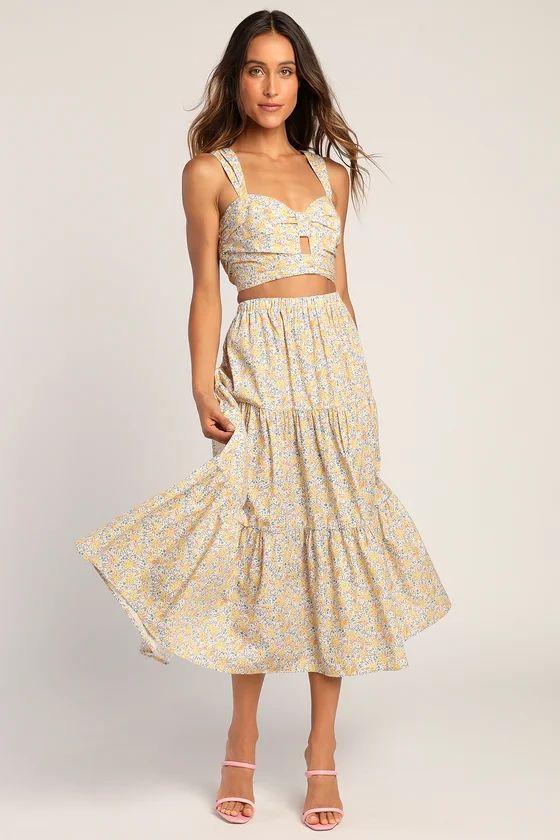 Midsummer Dreaming Yellow Floral Tiered Midi Skirt | Lulus (US)