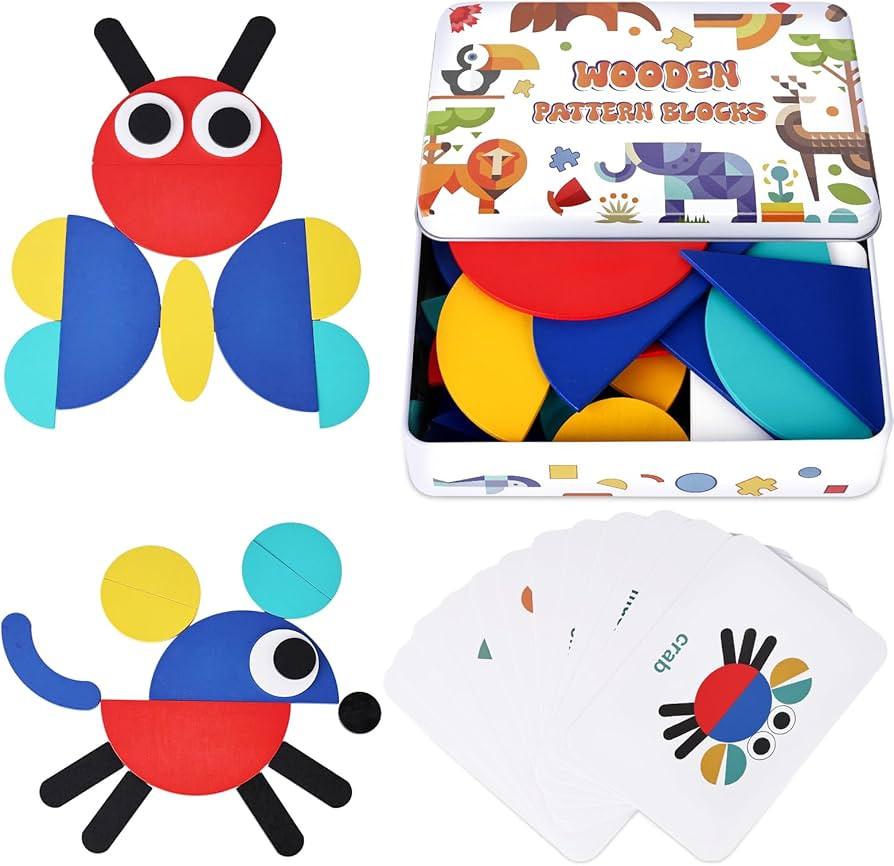 MCPINKY 36 Blocks&60 Cards Wooden Pattern Blocks, Open Ended Wooden Shape Puzzles Tangram Shape P... | Amazon (US)