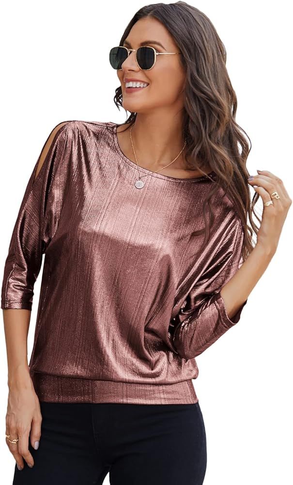 JASAMBAC Women's Sparkle Sequin Tops Shimmer Glitter Loose Cold Shoulder Party Tunic Batwing Dolm... | Amazon (US)