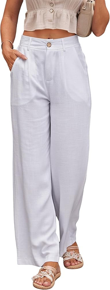 heipeiwa Vestido recto casual de lino de cintura alta de pierna ancha para mujer, pantalones de l... | Amazon (US)