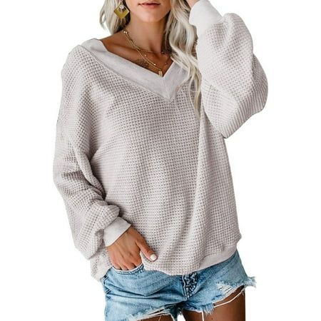 Sexy Dance Women's Casual Off Shoulder Tops V Neck Waffle Knit Blouse Ladies Batwing Sleeve Loose Pu | Walmart (US)