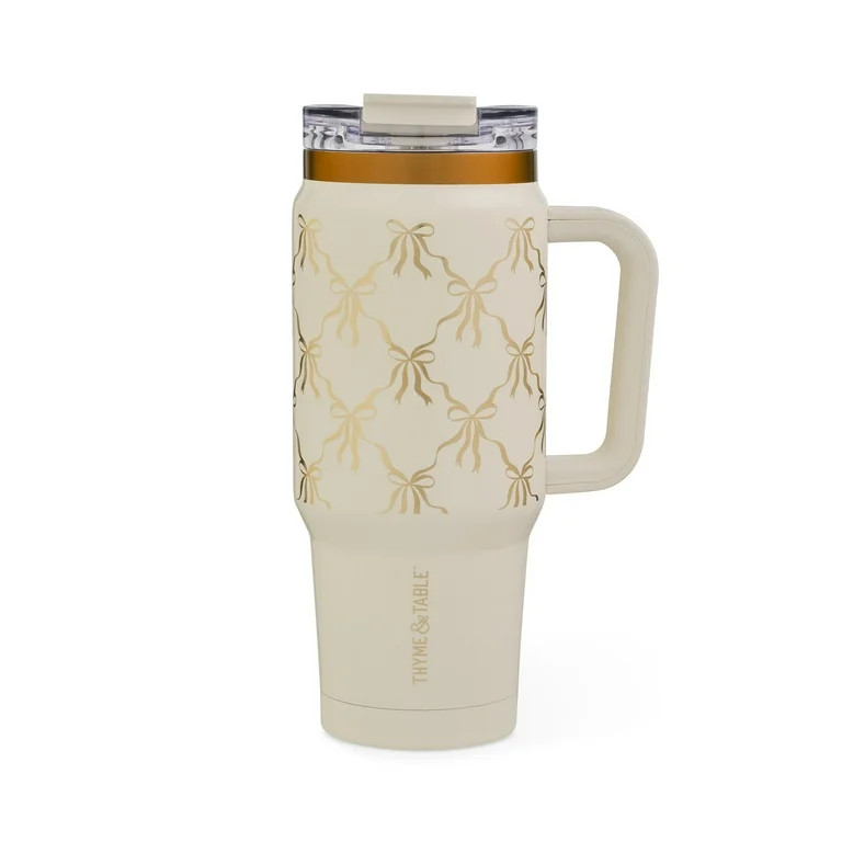 Thyme & Table 32 fl oz Stainless Steel Luna Tumbler with Handle and Dual Straw Lid, Cream Bow | Walmart (US)
