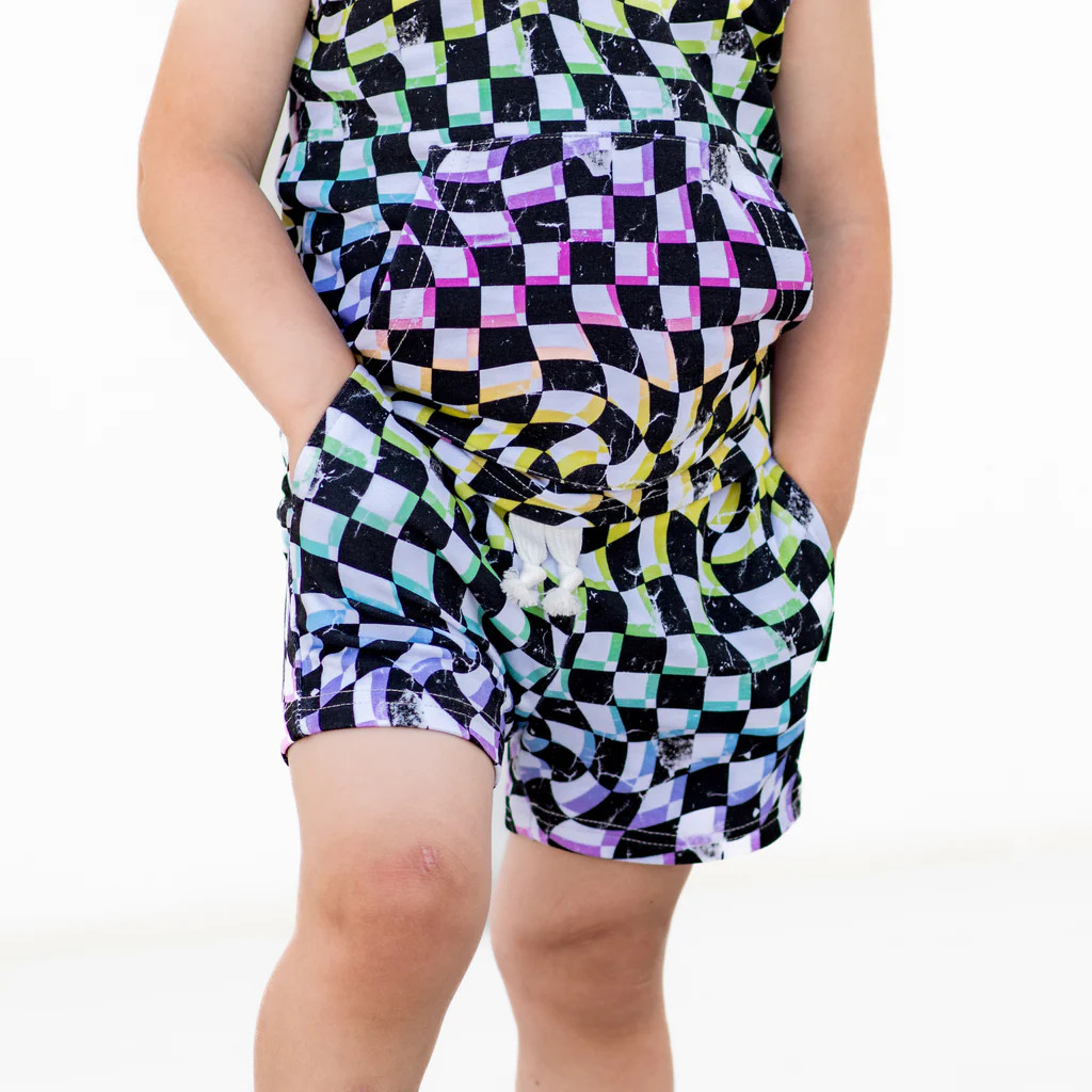 BAMBOO JOGGER SHORTS- Neon Dizzy Check | millie + roo