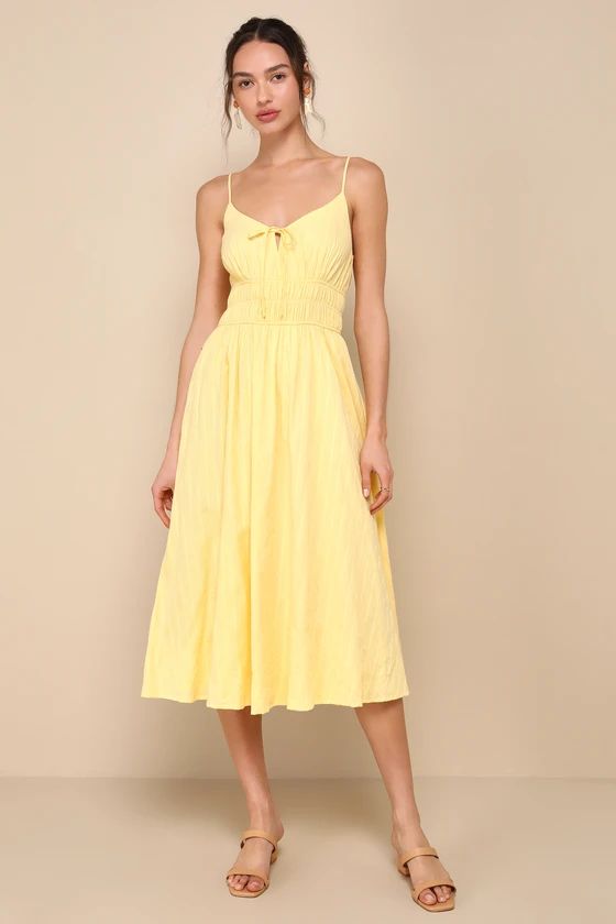 Gorgeous Sunshine Yellow Embroidered Tie-Front Midi Dress | Lulus
