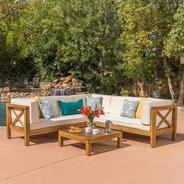 Brava Outdoor 4-piece Wood Sectional Set by Christopher Knight Home - Beige | Bed Bath & Beyond