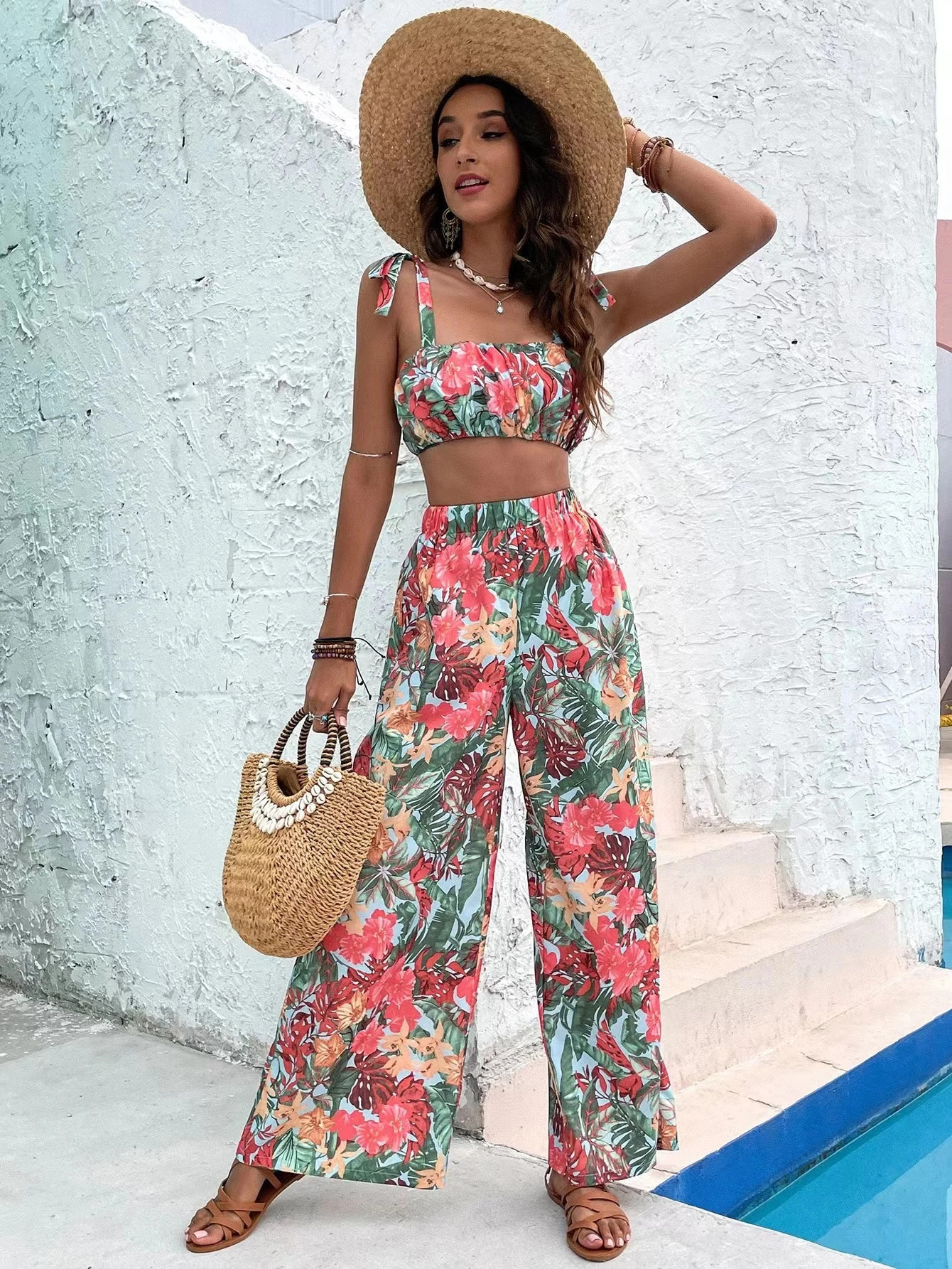 Tropical Print Knot Shoulder Crop Cami Top & Wide Leg Pants
   SKU: sw2201054245113673      
    ... | SHEIN