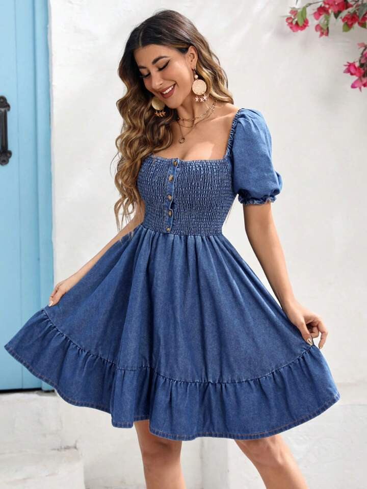 SHEIN VCAY Women's Loose Fit Short Sleeve Denim Dress With Square Neckline | SHEIN