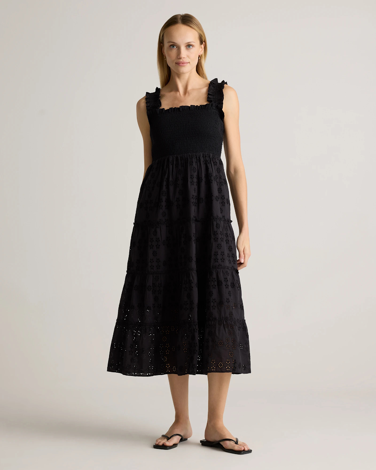 Black 100% Organic Cotton Eyelet Smocked Midi Dress | Quince