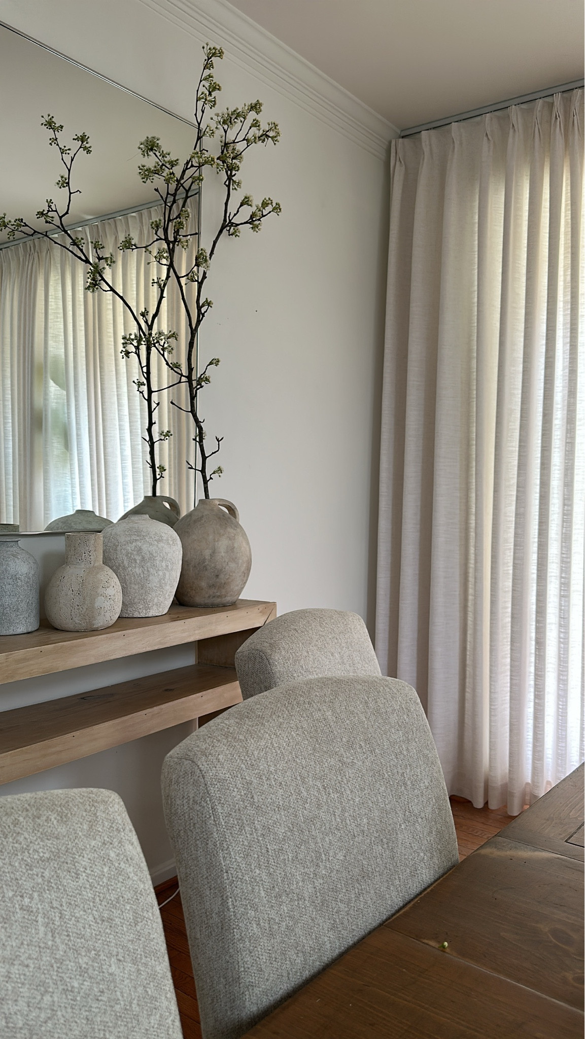 Dining room decor inspo 🤎 this space features stone vessels, flowy curtains, and neutral dining room chairs. 
Are you ready to decorate your space for the holiday season?
Linking similar finds below 👇

#LTKHome