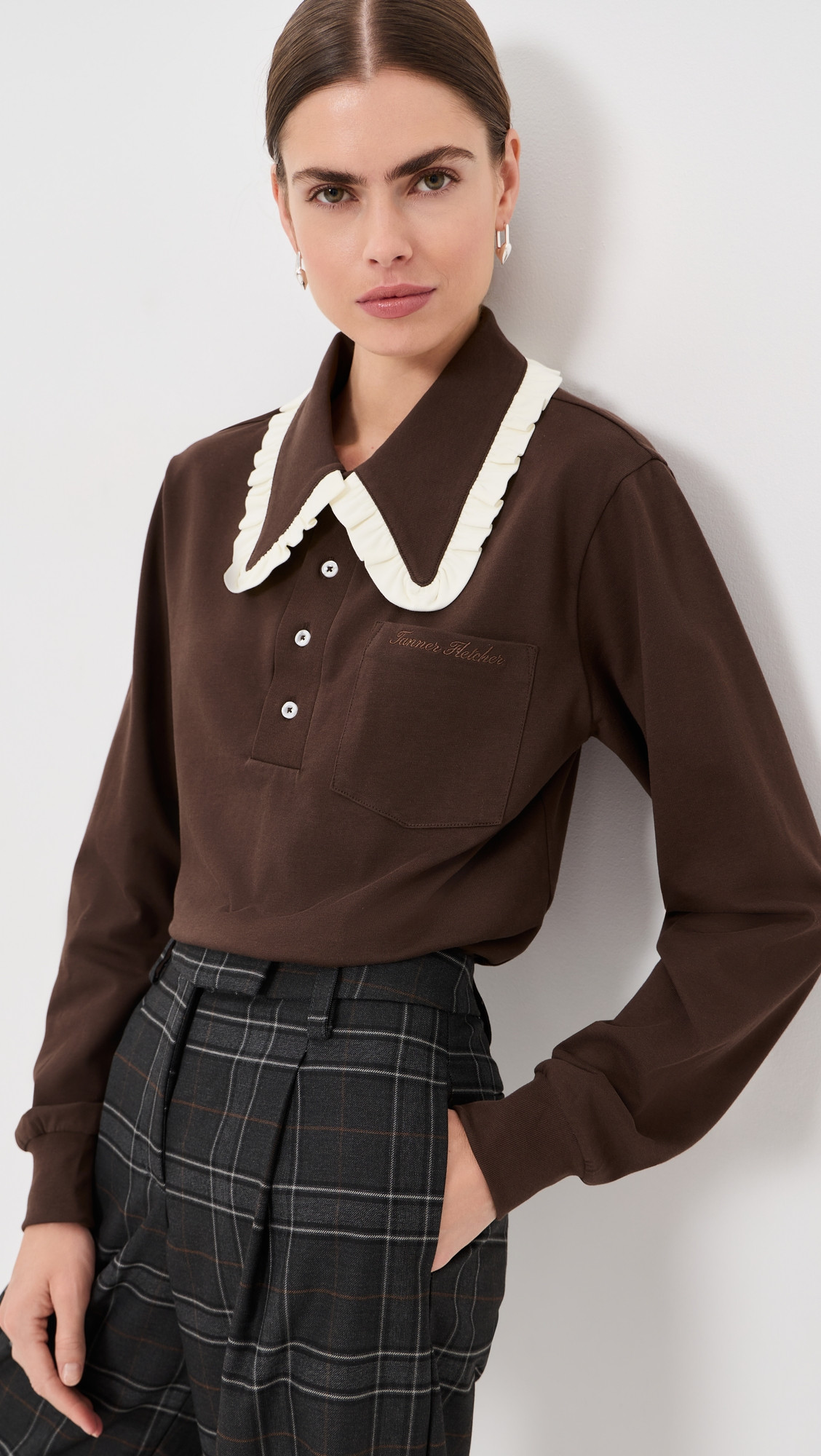 Tanner Fletcher Frank Ruffle Collar Long Sleeve Polo Brown/Ivory XS | Shopbop