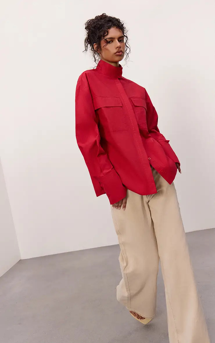 RED Cotton Pocket Detail Oversized Shirt | PrettyLittleThing UK