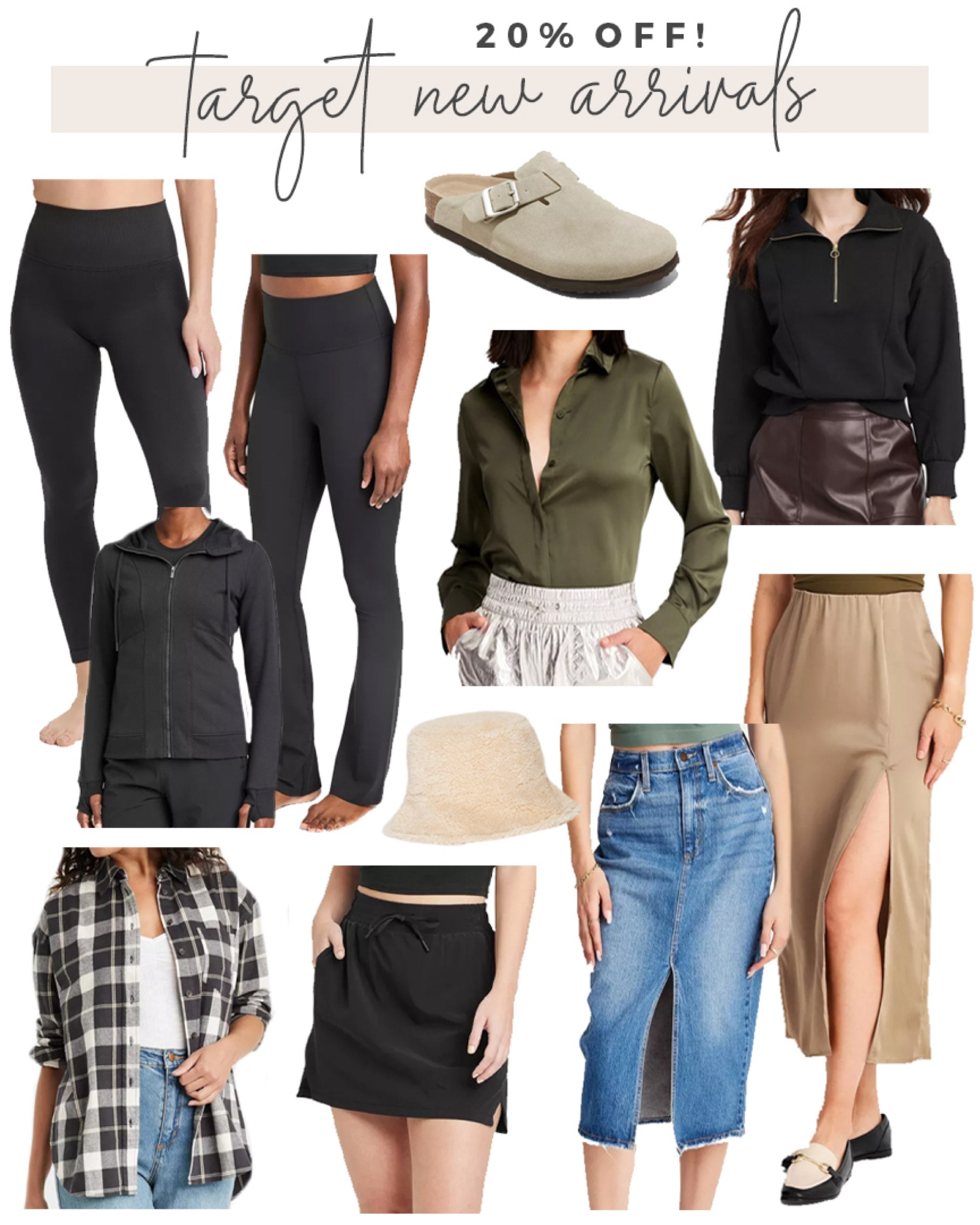Sale alert! 20% off new arrivals at Target! 

#targetfinds #targetdeals #targetfashion 

Target fall fashion. Affordable black leggings. Black flare leg yoga pants. Fall slip skirt. Fall satin button down shirt. Plaid button down shirt. Activewear skirt. Sherpa bucket hat. Birkenstock inspired shoes  

#LTKSeasonal #LTKsalealert #LTKstyletip