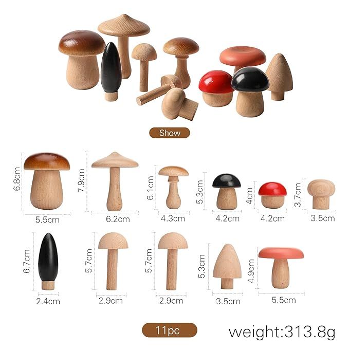 Wooden Mushroom Toy Pack of 11 Wooden Mushroom Set Various Sizes Natural Wooden Mushroom DIY Pain... | Amazon (US)