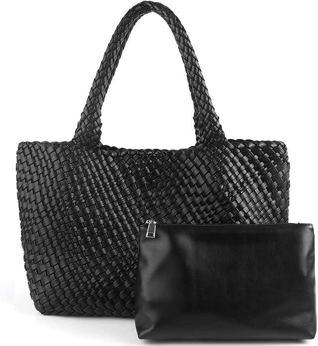 Woven Tote Bag for Women, Large Vegan Leather Beach Bag with Purse, Top-handle Travel Handbag Wov... | Amazon (US)