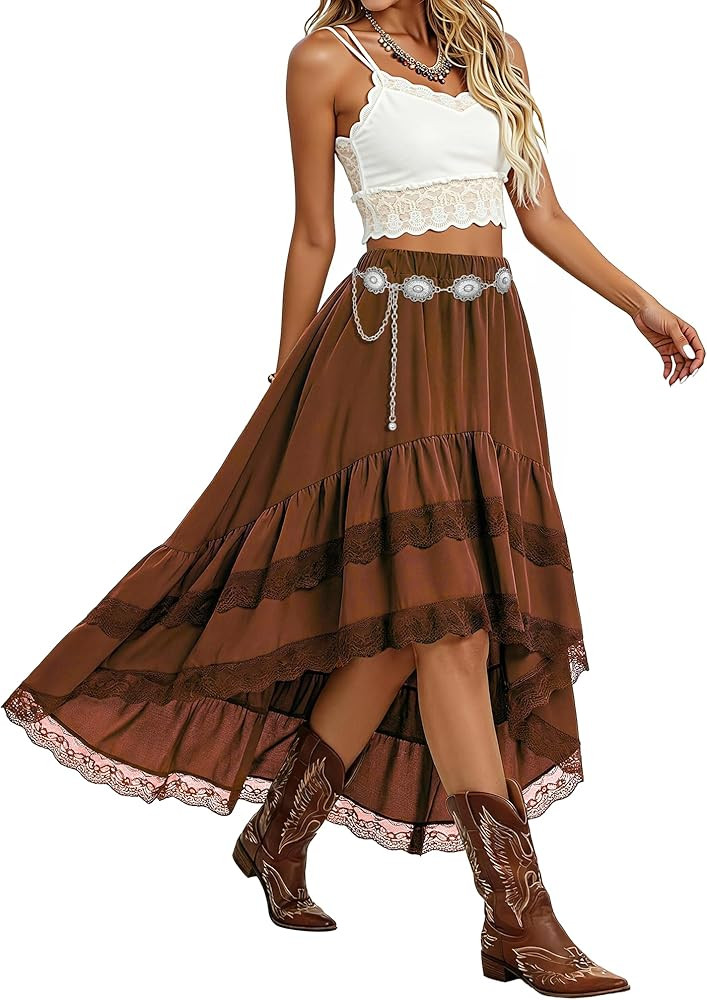 Women's Western Boho High Waist Lace Trim Skirt Asymmetrical Tiered Cowgirl Midi Skirt for Countr... | Amazon (US)