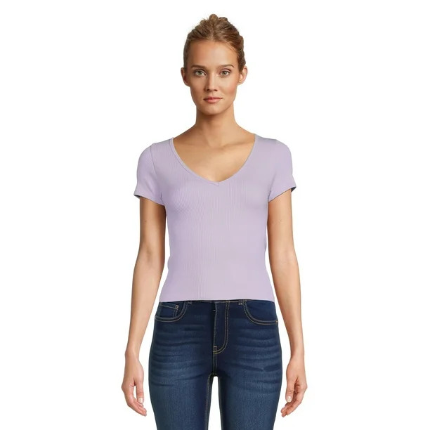 No Boundaries Juniors Seamless V-Neck T-Shirt | Walmart (US)