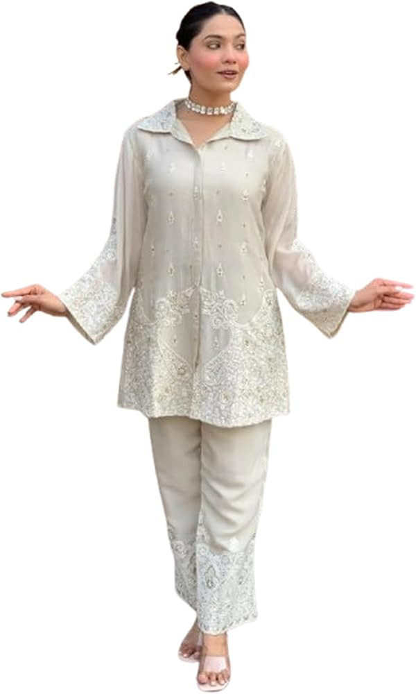 Women's Chikankari Work Silk 2 Piece Set, White Indian Wear Tunic and Pants with Embroidery, cord... | Amazon (US)