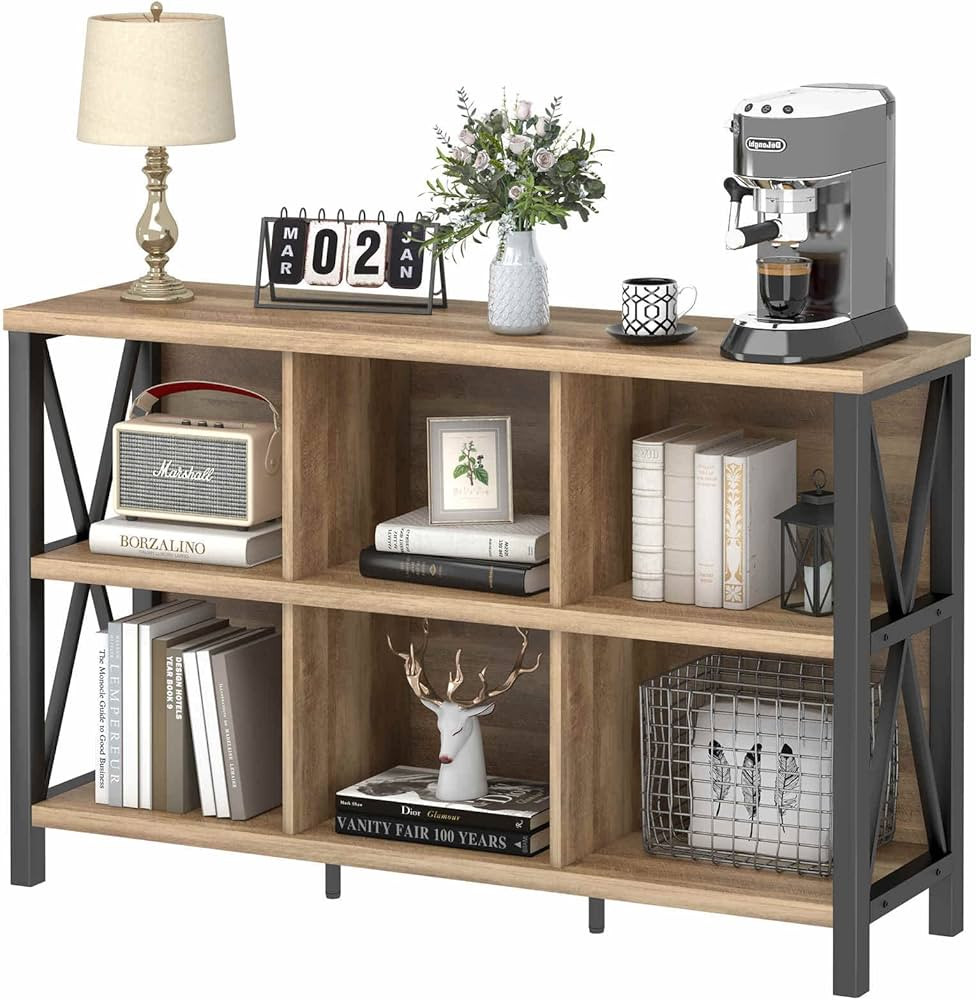 FATORRI 6 Cube Storage Organizer with Shelf, Long Wood and Metal Cubby Bookcase, Industrial Horiz... | Amazon (US)